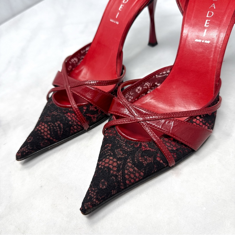 CASADEI Vintage Y2K Leather Lace Pointed Toe Stiletto Heel Pumps Gothic Red 9 - Picture 3 of 15